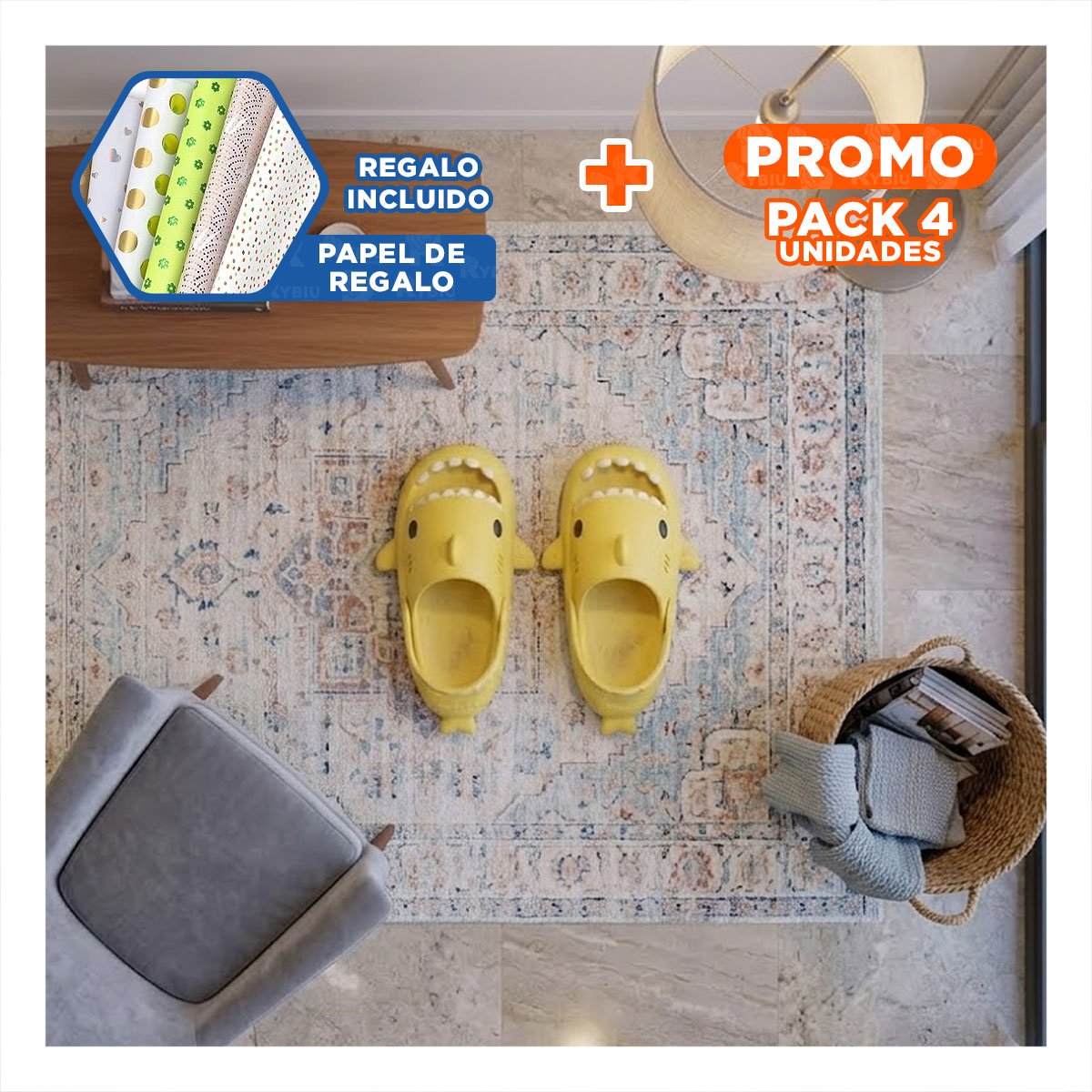 PACK4 CHANCLA PARA NIÑOS DE TIBURON TALLA 29 A 30 COLOR AMARILLO CON CORREA BIO Y+PAPEL REGALO - 1
