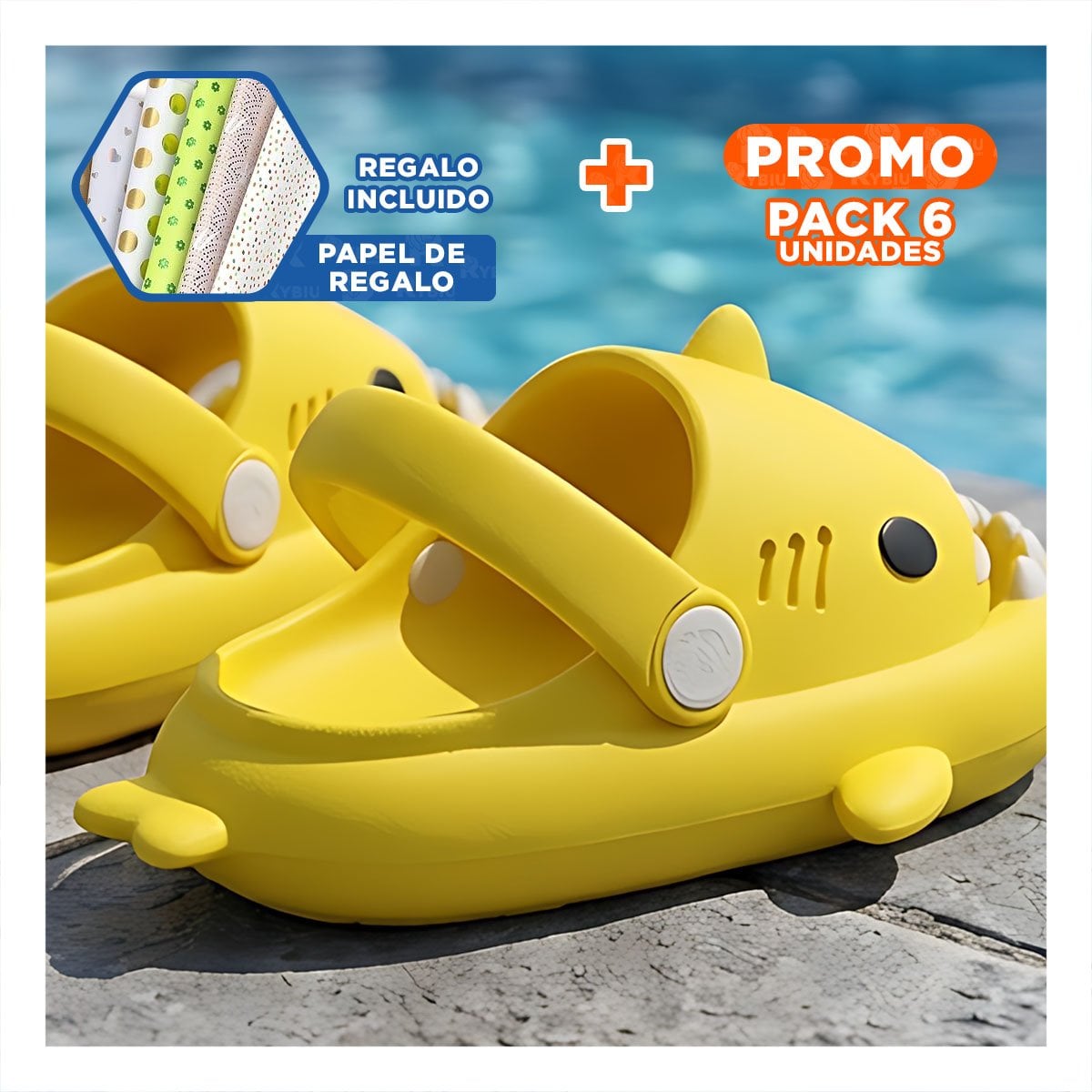 PACK6 CALZADO COLOR AMARILLO CON CORREA DE TIBURON DE MEDIDA 27 28 DE INFANTE Y+PAPEL REGALO - 1
