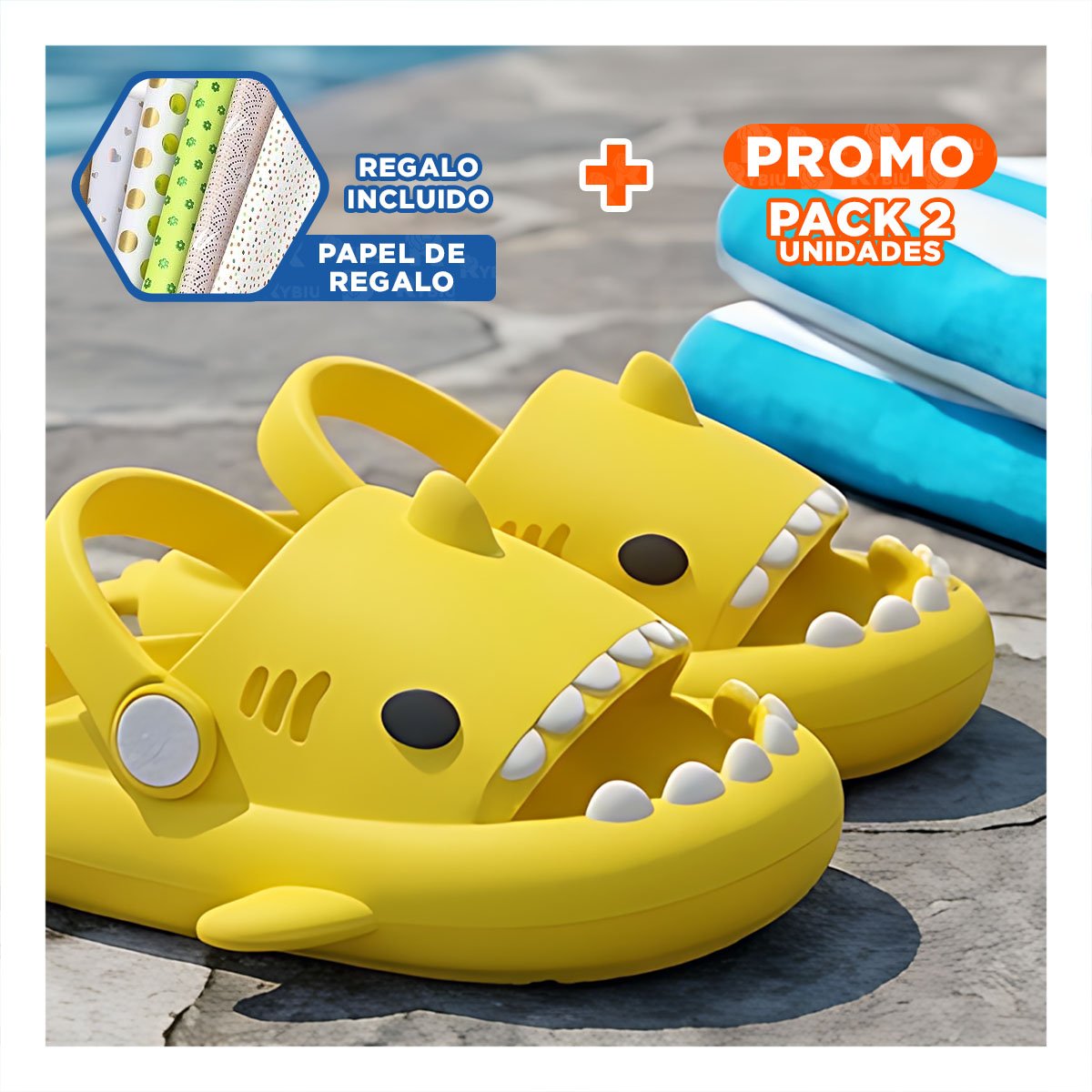 PACK2 OJOTA DE INFANTES CON CORREA DE TIBURON AMARILLO DE VERANO MEDIDA 27 28 Y+PAPEL REGALO - 1