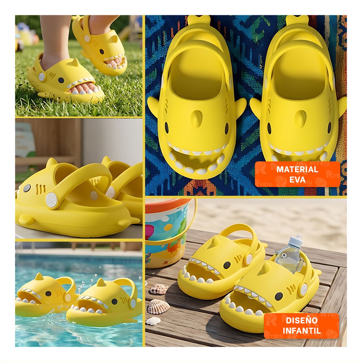 PACK2 OJOTA DE INFANTES CON CORREA DE TIBURON AMARILLO DE VERANO MEDIDA 27 28 Y+PAPEL REGALO - 3