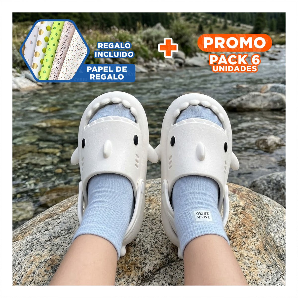 PACK6 HUARACHE CON DISEÑO DE TIBURON BLANCO Y CORREA DE SEGURIDAD PARA NIÑOS Y+PAPEL REGALO - 1