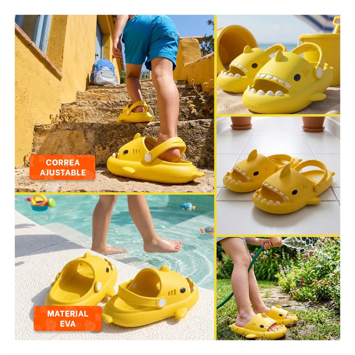 HUARACHE PARA NINOS CON CORREA DE TIBURON EN COLOR AMARILLO TALLA 31 Y 32 Y+POST IT - 5