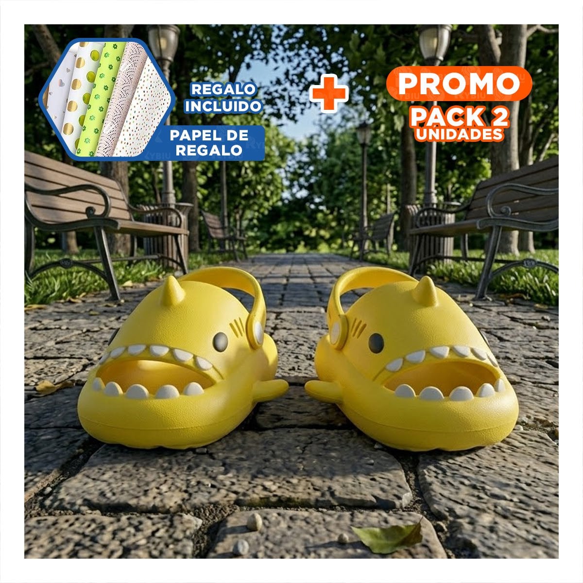 PACK2 CALZADO DE TIBURON AMARILLO CON CORREA TALLA 29 A 30 PARA NIÑOS DE SALIDA Y+PAPEL REGALO - 1