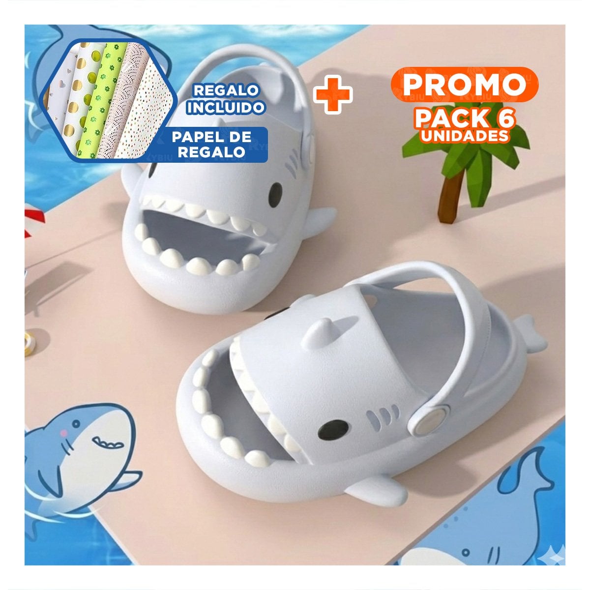PACK6 CHANCLA INFANTIL BLANCO CON CORREA TIBURON TALLA 21 22 PARA PISCINA Y SOL Y+PAPEL REGALO - 1