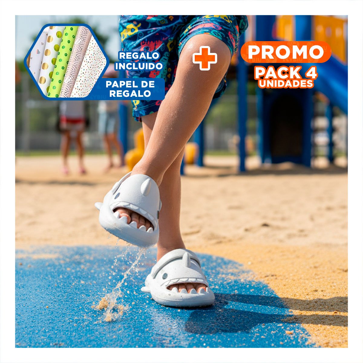 PACK4 BABUCHAS DE TIBURON TALLA 23 24 CON CORREA BLANCO PARA NIÑOS VERANO SOL Y+PAPEL REGALO - 1