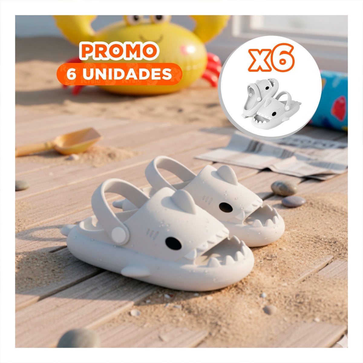 PACK6 CHANCLAS DE TIBURON CON CORREA BLANCO TALLA 23 24 PARA VERANO NIÑOS MAR Y+REGALO STICKER - 1