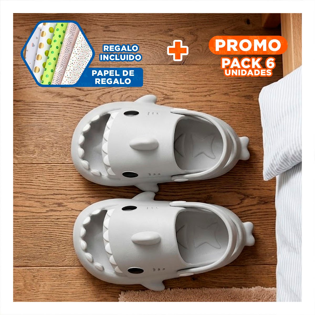 PACK6 CHANCLETA CON TIBURON DE CORREA TALLA 25 26 EN BLANCO PARA UN LOOK Y+PAPEL REGALO - 1