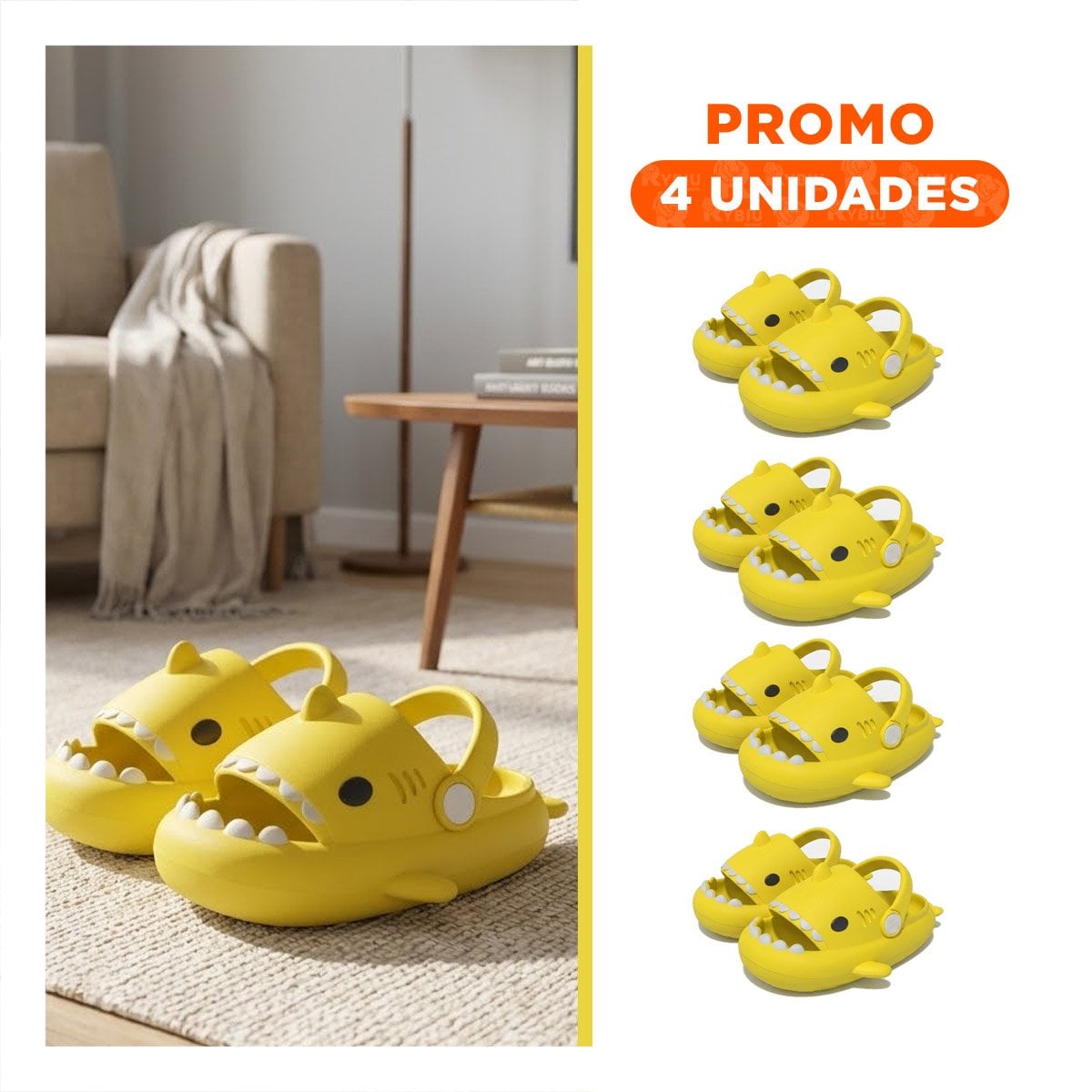 PACK4 BABUCHA DE TIBURON CON CORREA PARA NIÑOS AMARILLO TALLA 29 A 30 FIT Y+REGALO STICKER - 1