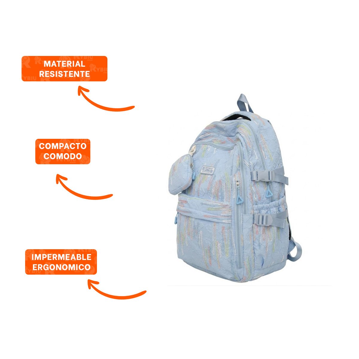 MOCHILA LIGERA DE RAYAS COLORIDAS EN CELESTE CON ESTILO DIARIO - 3