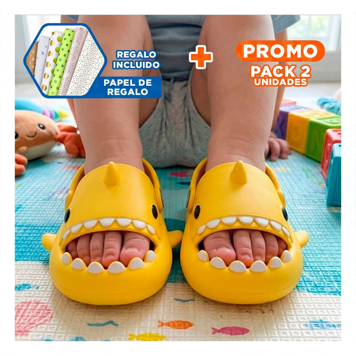 PACK2 CALZADO PARA NIÑOS DE TIBURON AMARILLO CON CORREA EN LA TALLA 25 26 Y+PAPEL REGALO - 1
