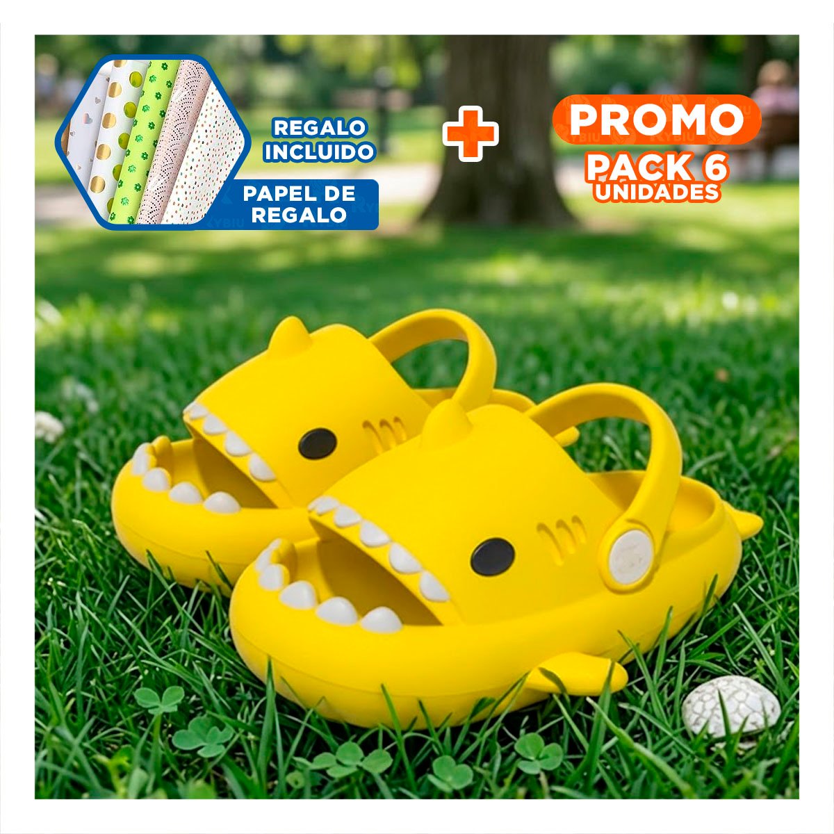 PACK6 HUARACHE PARA NIÑOS DE TIBURON CON CORREA AMARILLO DE LA TALLA 25 26 Y+PAPEL REGALO - 1