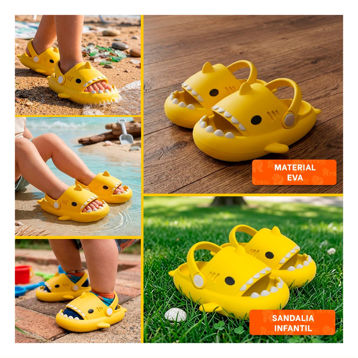 PACK6 HUARACHE PARA NIÑOS DE TIBURON CON CORREA AMARILLO DE LA TALLA 25 26 Y+PAPEL REGALO - 3