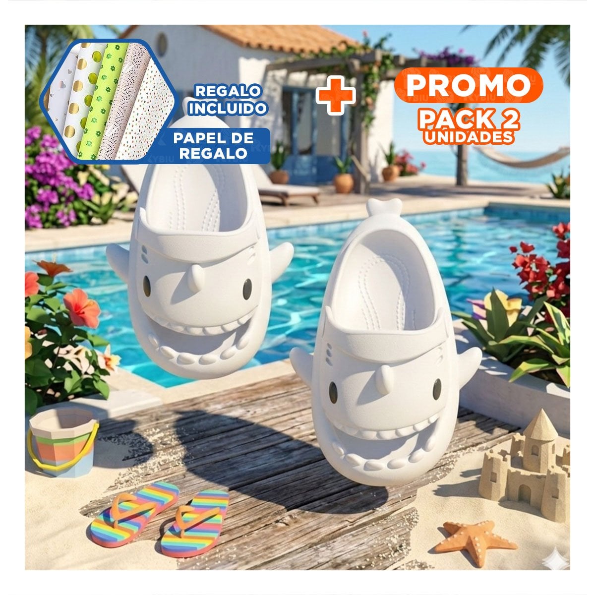 PACK2 OJOTA PARA NIÑOS TIBURON BLANCO CON CORREA TALLA 21 22 Y+PAPEL REGALO - 1