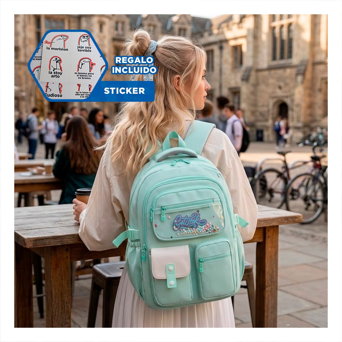 BOLSO UNIVERSITARIO COTTMIR VERDE AGUA CON 3 BOLSILLOS RESISTENTES PARA CLASES Y+REGALO STICKER - 1