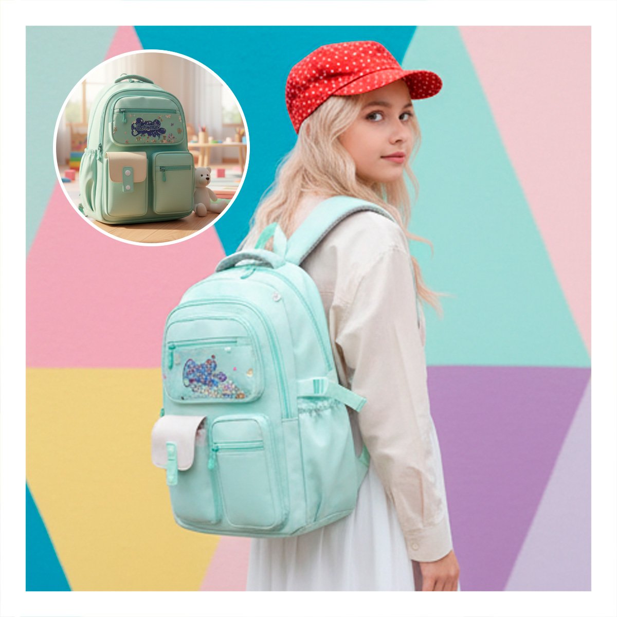 BOLSO UNIVERSITARIO COTTMIR VERDE AGUA CON 3 BOLSILLOS RESISTENTES PARA CLASES Y+REGALO STICKER - 5