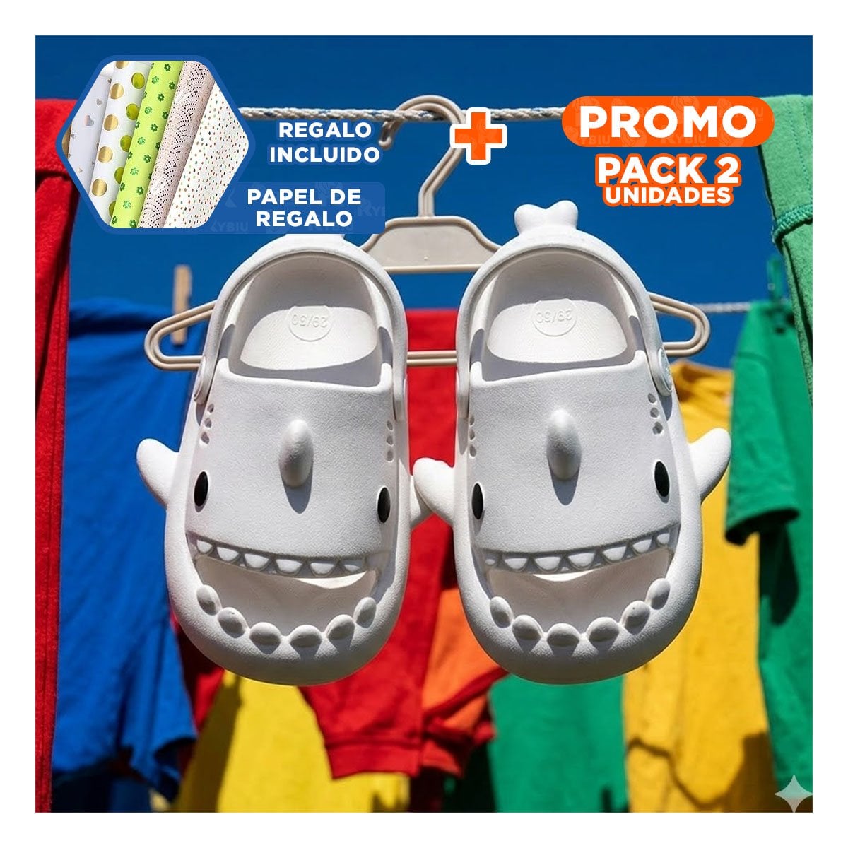 PACK2 OJOTA PARA NIÑOS CON CORREA DE TIBURON COLOR BLANCO EN TALLA 29 30 DIARIO Y+PAPEL REGALO - 1