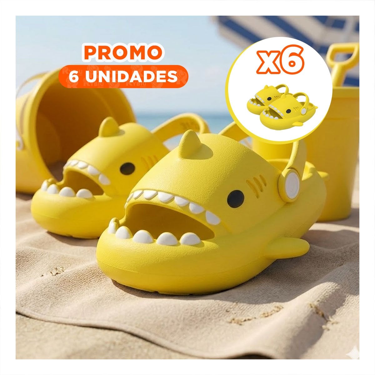 PACK6 CHANCLA INFANTIL CON CORREA DE TIBURON AMARILLO EN TALLA 31 MAS TALLA 32 Y+REGALO STICKER - 1