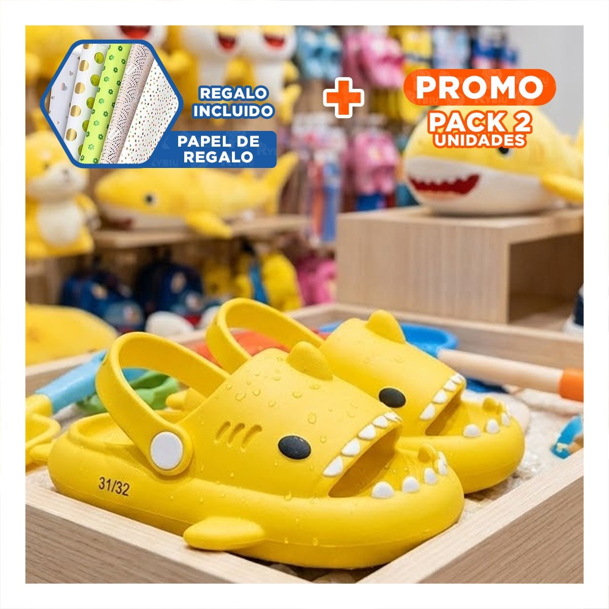 PACK2 CALZADO MODERNO PARA NINOS CON CORREA DE TIBURON AMARILLO TALLA 31 MAS 32 Y+PAPEL REGALO - 1