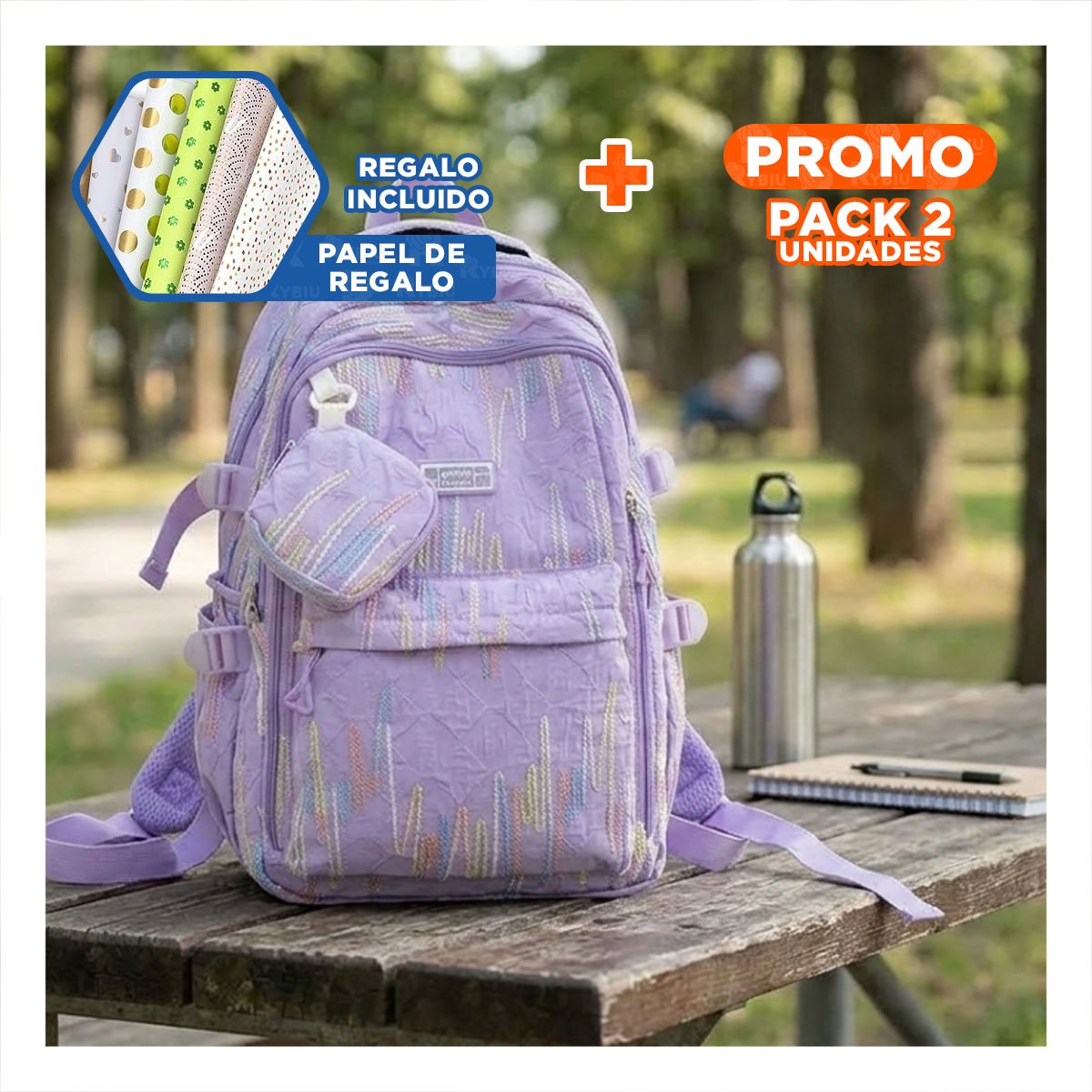 PACK2 MOCHILA CASUAL RAYAS COLORIDAS LILA PARA ACTIVIDADES DIARIAS Y+PAPEL REGALO - 1