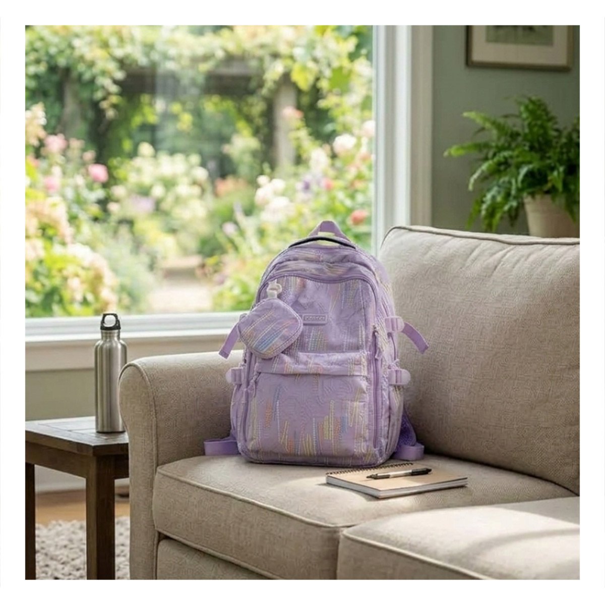 PACK2 MOCHILA CASUAL RAYAS COLORIDAS LILA PARA ACTIVIDADES DIARIAS Y+PAPEL REGALO - 2