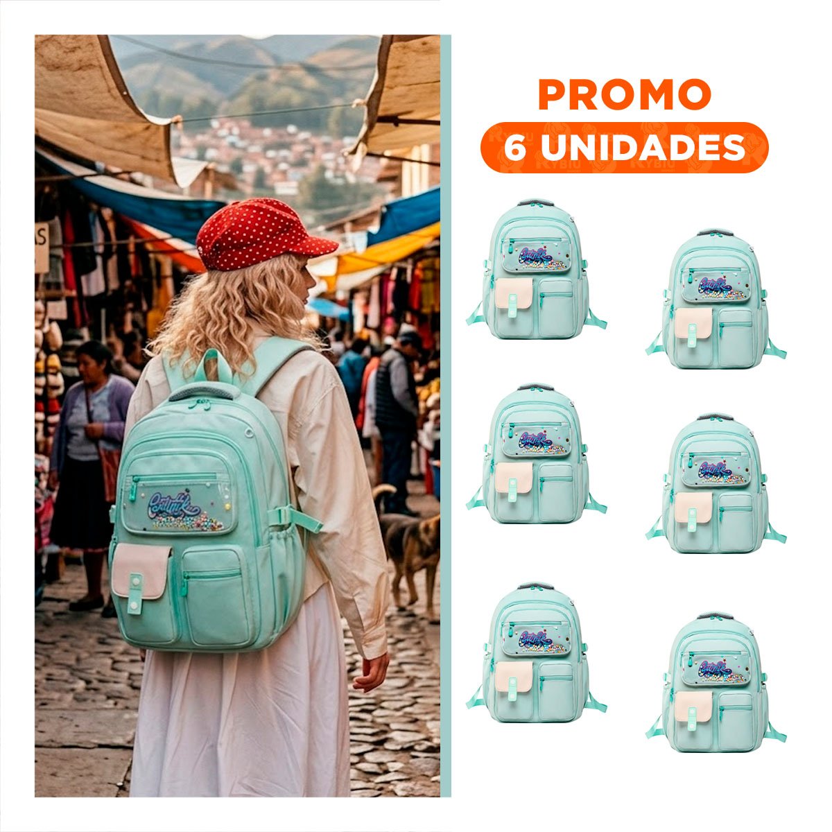 PACK6 MOCHILA MODERNA COTTMIR VERDE AGUA CON 3 BOLSILLOS AMPLIOS PARA ESTUDIO - 1