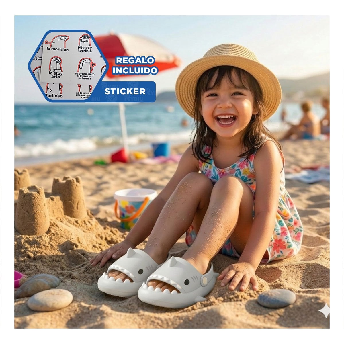 CHANCLA DE TIBURON PARA NIÑOS TALLA 21 22 BLANCO CON CORREA DE GRAN AJUSTE Y+REGALO STICKER - 1