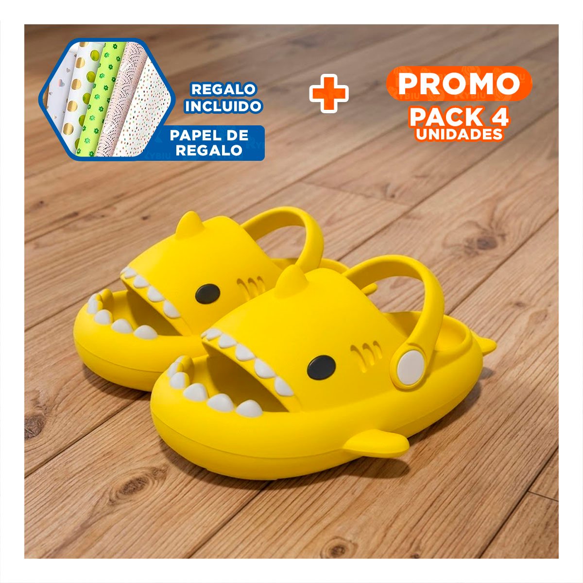 PACK4 OJOTA TALLA 25 26 PARA NIÑOS DE TIBURON CON CORREA EN COLOR AMARILLO Y+PAPEL REGALO - 1