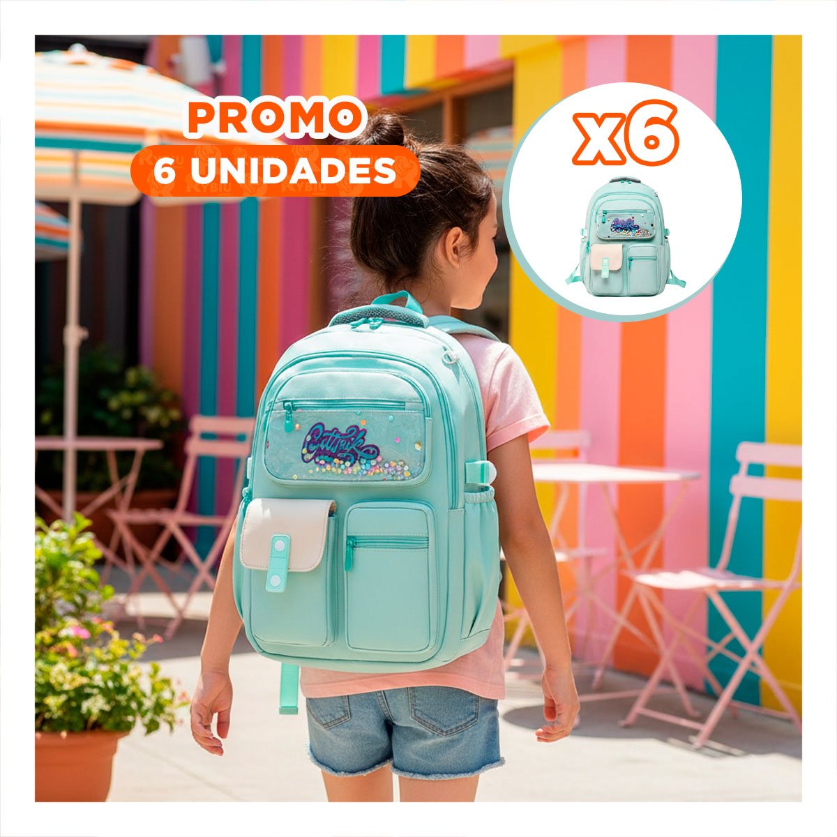 PACK6 MORRAL MODERNO COTTMIR VERDE AGUA CON 3 BOLSILLOS COMODOS PARA CLASES Y+REGALO STICKER - 1
