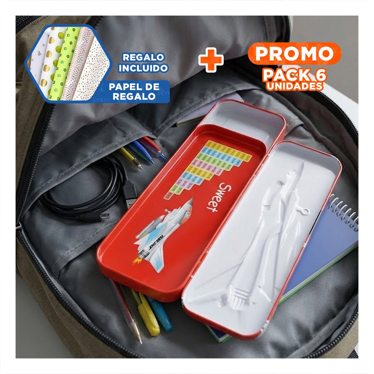 PACK6 ORGANIZADOR ESCOLAR COMPACTO BLANCO METALICO CON COMPARTIMENTO Y+PAPEL REGALO - 1