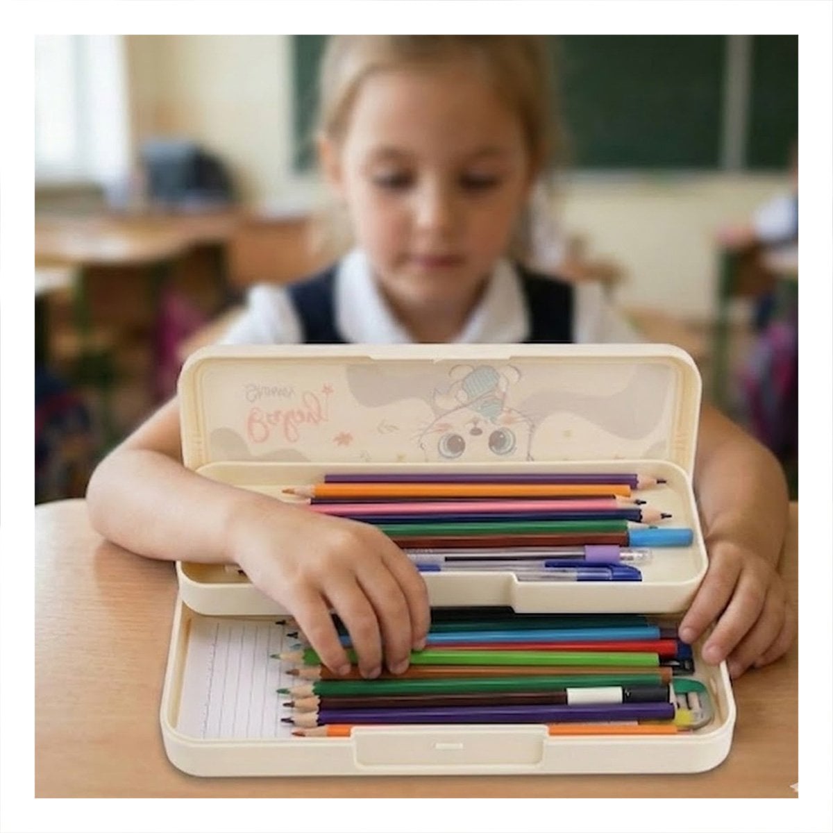 LAPICERO ESCOLAR CON CLAVE 2 NIVELES DISENO GATO BEIGE Y+LIGAS REGALO - 1