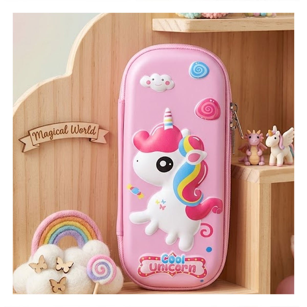 ESTUCHE ESCOLAR UNICORNIO ROSADO ALTO RELIEVE CON CIERRE SEGURO Y PRACTICO - 1