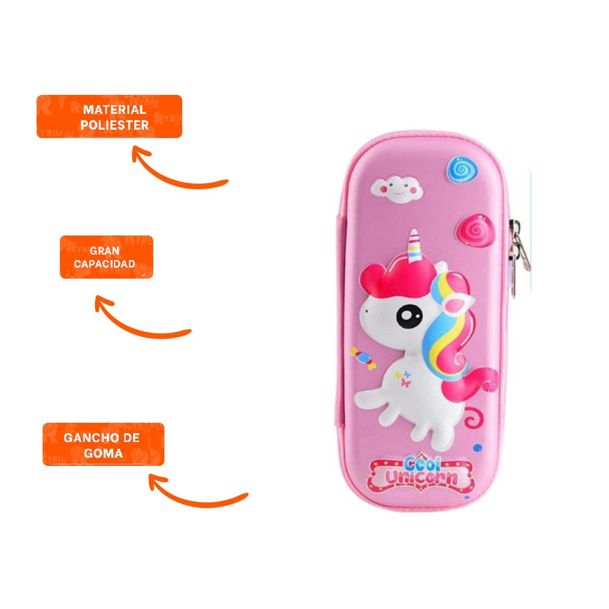 ESTUCHE ESCOLAR UNICORNIO ROSADO ALTO RELIEVE CON CIERRE SEGURO Y PRACTICO - 3