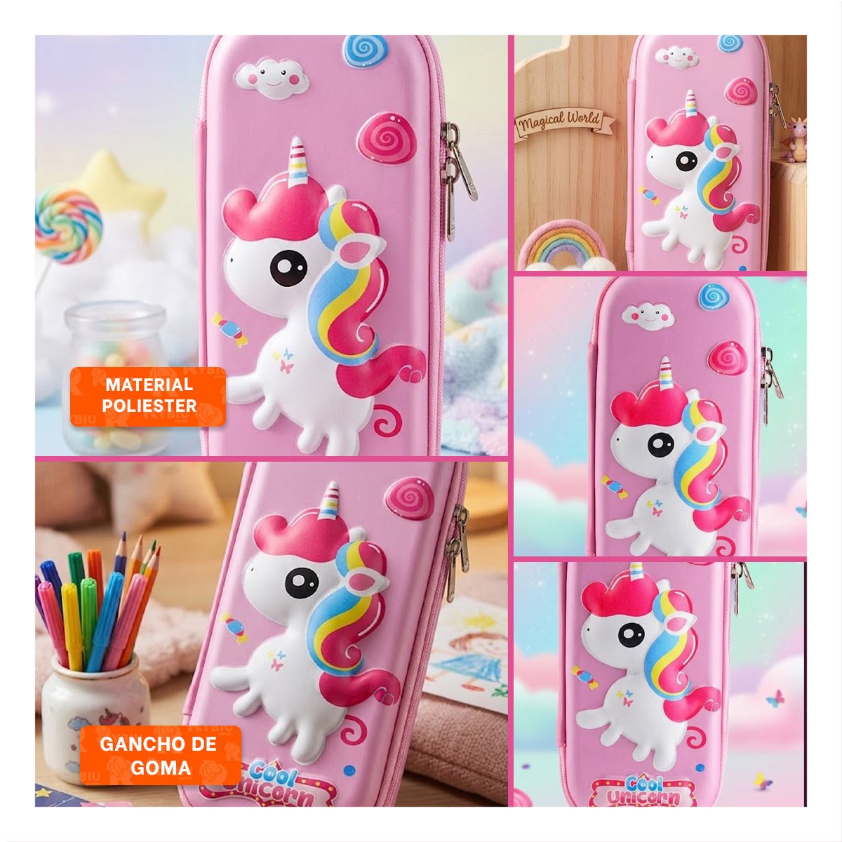 ESTUCHE ESCOLAR UNICORNIO ROSADO ALTO RELIEVE CON CIERRE SEGURO Y PRACTICO - 5