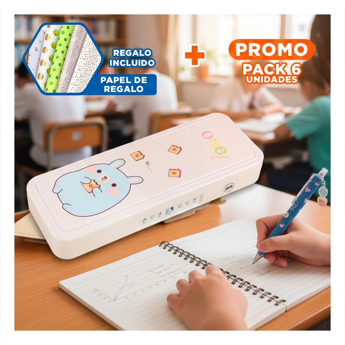 PACK6 NECESER MODERNO CONEJO BEIGE CON CLAVE 2 NIVELES ESCOLAR Y+PAPEL REGALO - 1