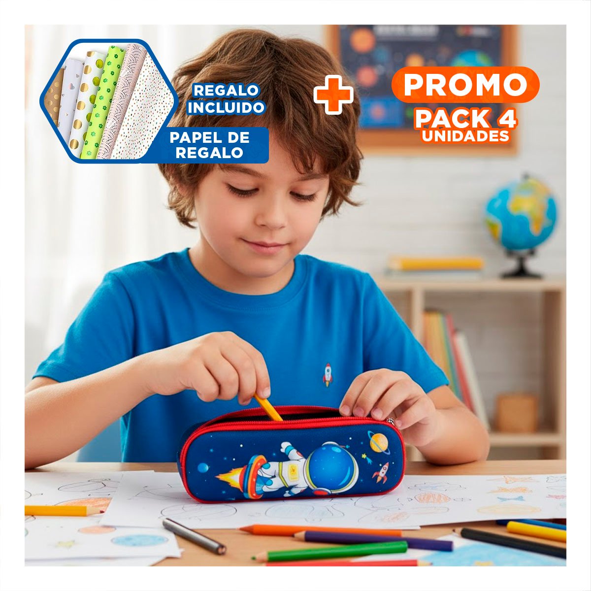 PACK4 ACCESORIO INFANTIL ASTRONAUTA AZUL ALTO RELIEVE CON DISENO LINDO PRACTICO Y+PAPEL REGALO - 1