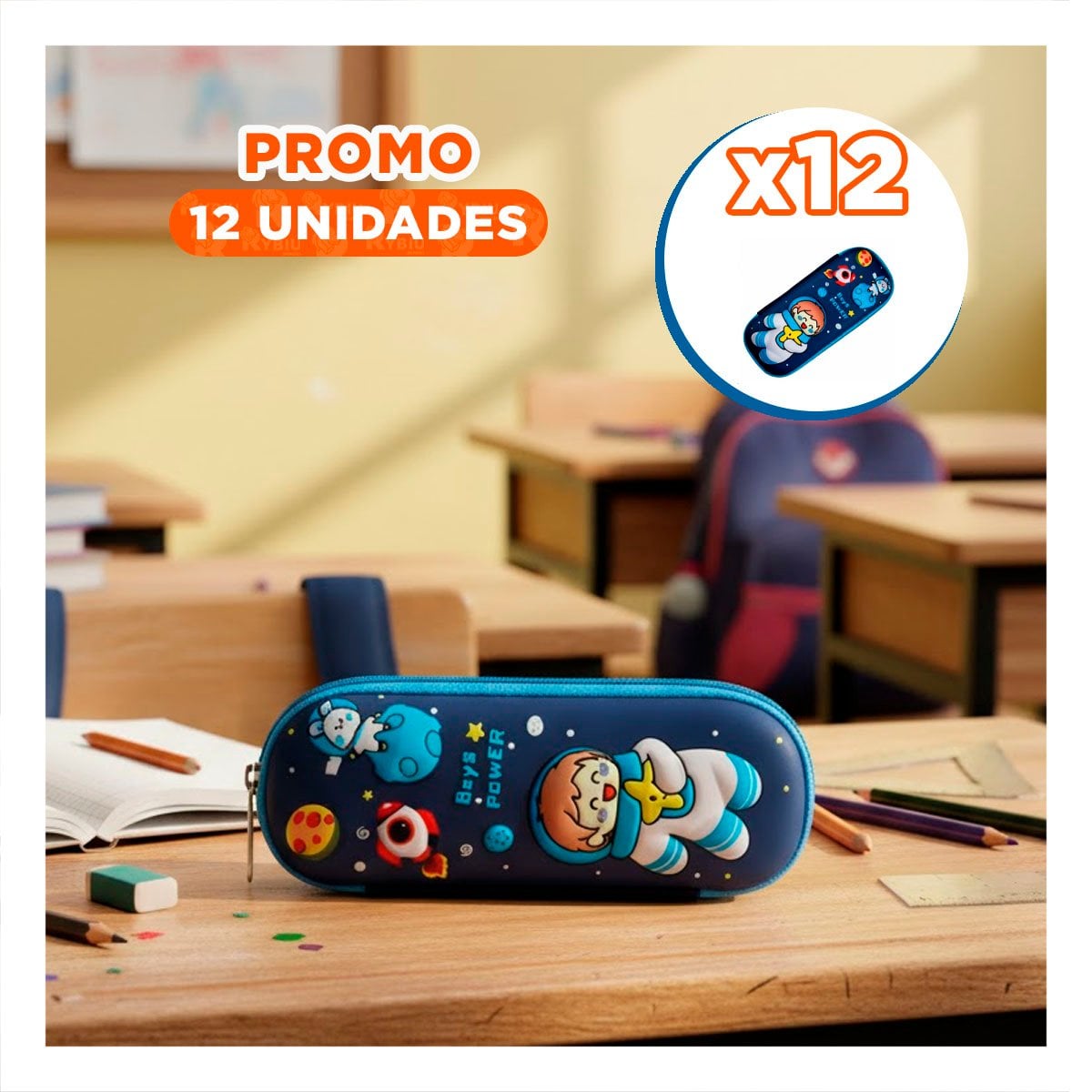 PACK12 FUNDA INFANTIL ASTRONAUTA FELIZ AZUL ALTO RELIEVE CON DISENO LINDO Y PRACTICO - 1