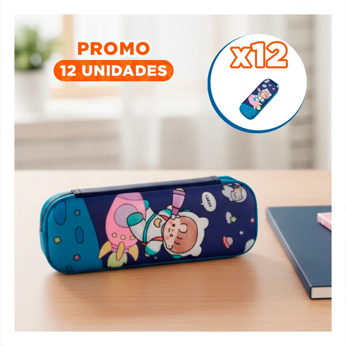 PACK12 FUNDA INFANTIL ASTRONAUTA EN COHETE AZUL ALTO RELIEVE CON DISENO LINDO Y PRACTICO - 1