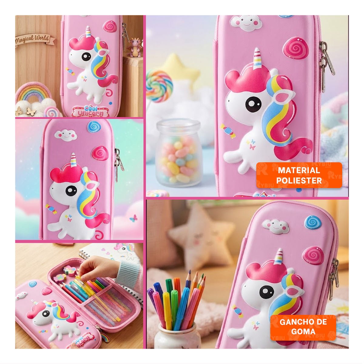 ESTUCHE FUNCIONAL UNICORNIO ROSADO ALTO RELIEVE PARA USO DIARIO ESCOLAR Y+POST IT - 1