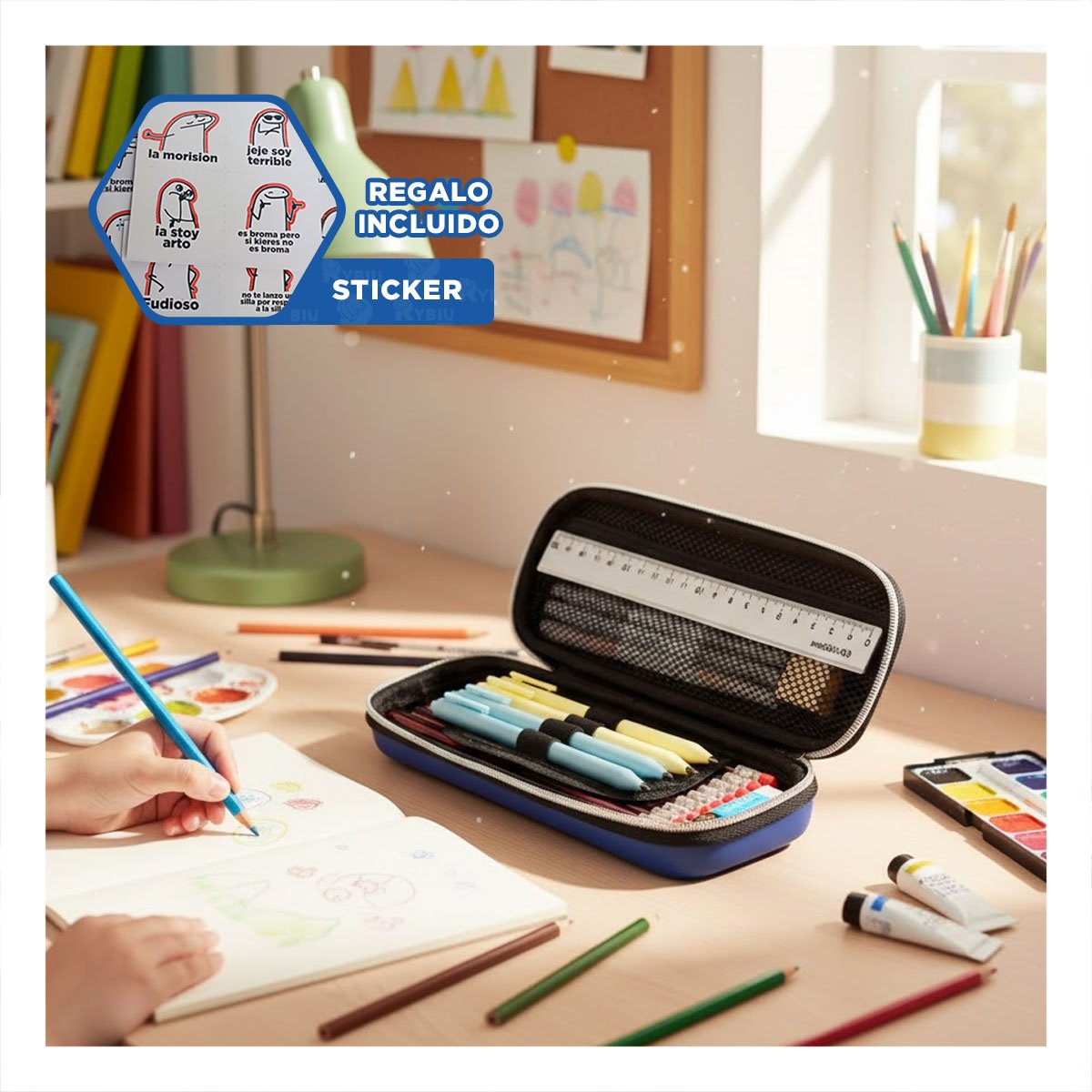 ESTUCHE COMPACTO ASTRONAUTA HAPPY AZUL ALTO RELIEVE PARA GUARDAR UTILES Y+REGALO STICKER - 1