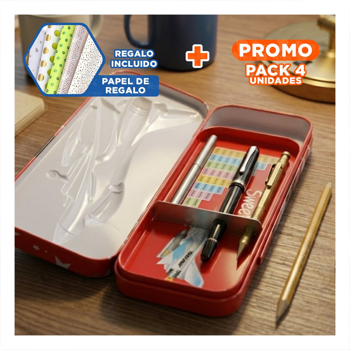 PACK4 ESTUCHE ESCOLAR BLANCO DE METAL CON SEPARADOR PARA ESCRITORIO Y+PAPEL REGALO - 1