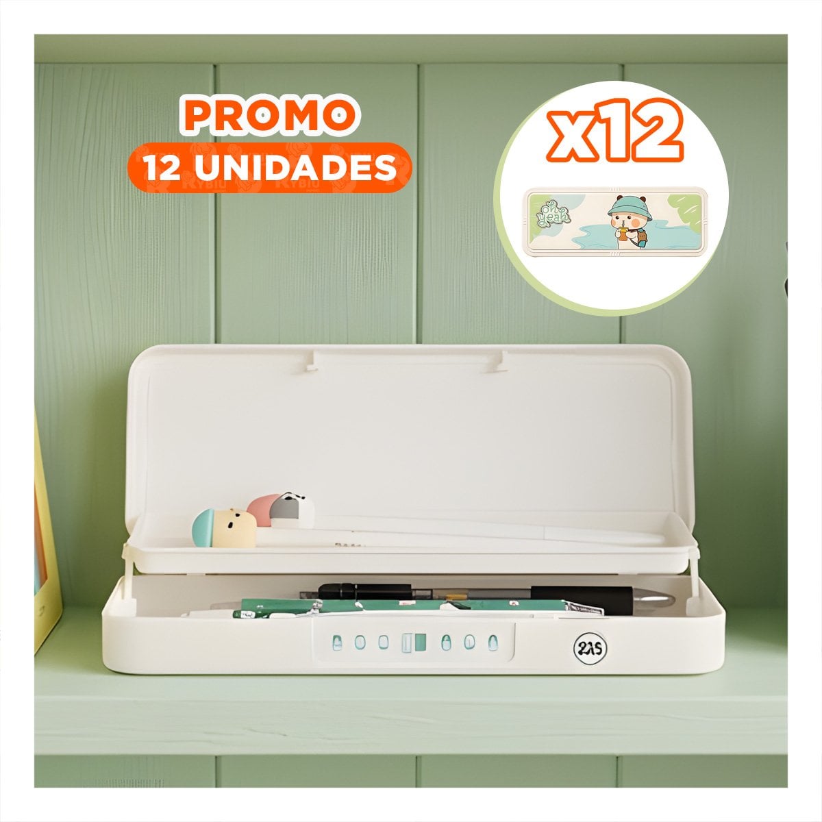 PACK12 PORTA COLORES JUVENIL BEIGE CON CLAVE 2 NIVELES OSO CON GORRA ESCOLAR - 1