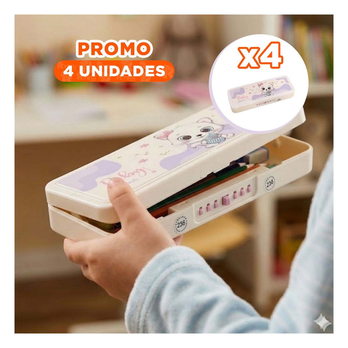 PACK4 CARTUCHERA COMPACTA CON CLAVE 2 NIVELES DISENO GATO BEIGE - 1