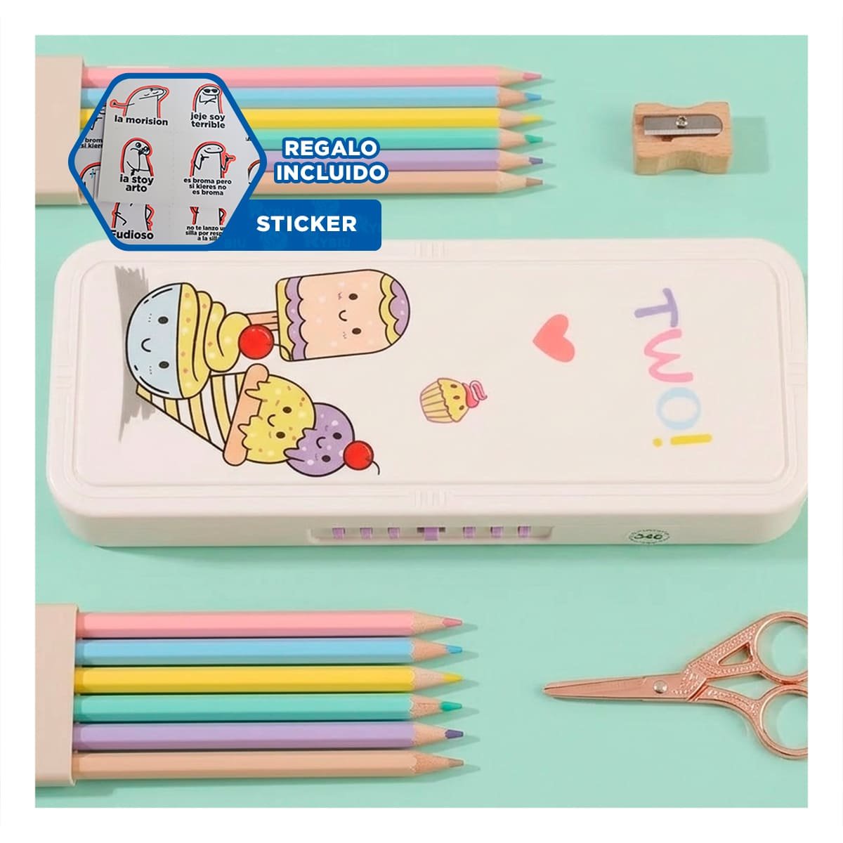 LAPICERA ESCOLAR BEIGE CON DOBLE NIVEL Y CLAVE DISENO HELADOS Y+REGALO STICKER - 1