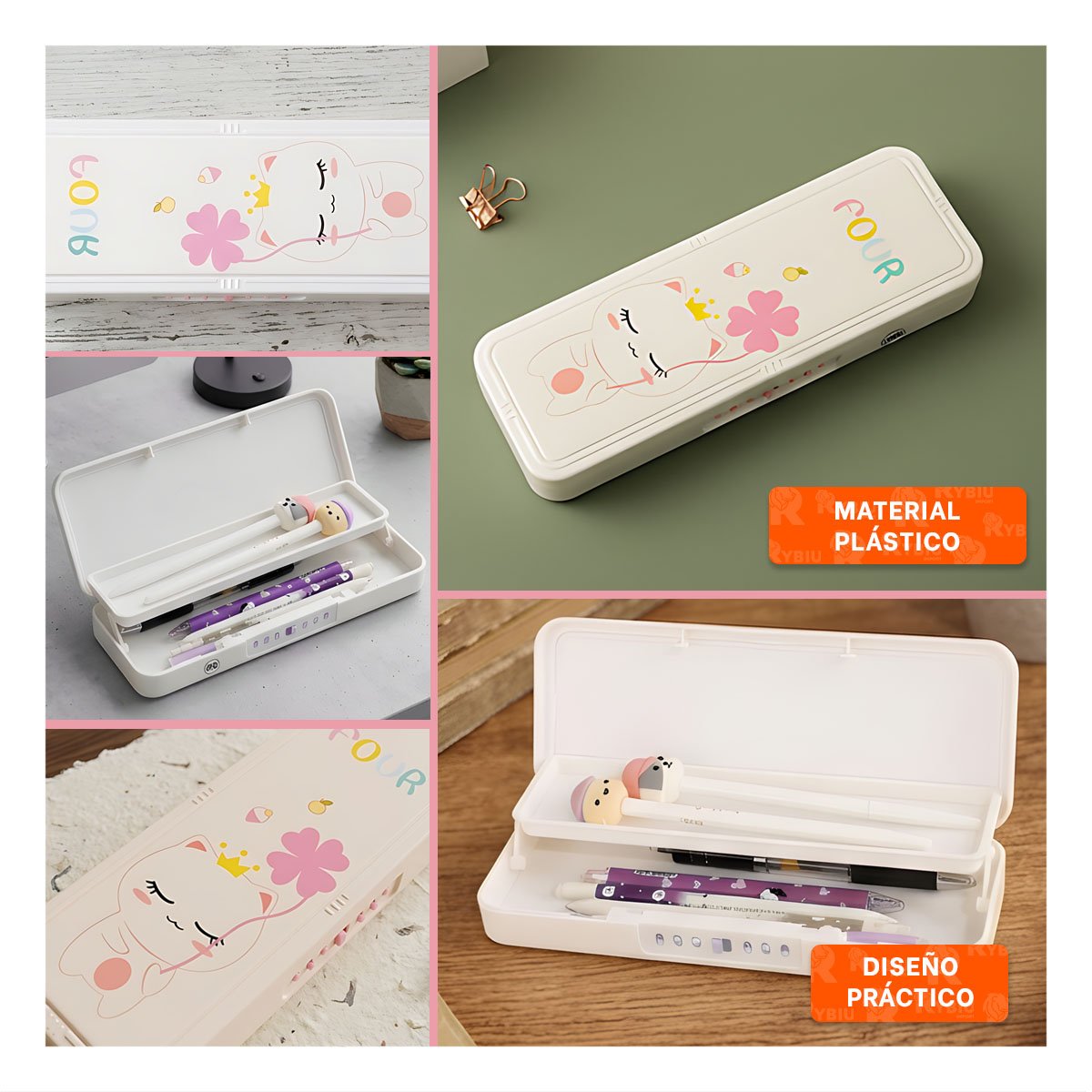 NECESER INFANTIL CON CLAVE 2 NIVELES GATO CON FLOR BEIGE FUNCIONAL - 5