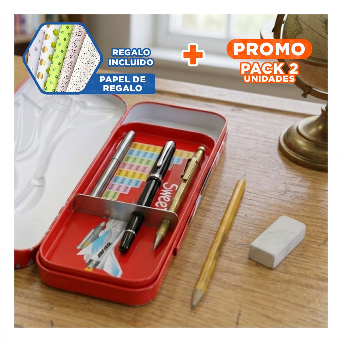 PACK2 CAJA METALICA ESCOLAR BLANCO CON SEPARADOR PARA ORGANIZAR UTILES Y+PAPEL REGALO - 1