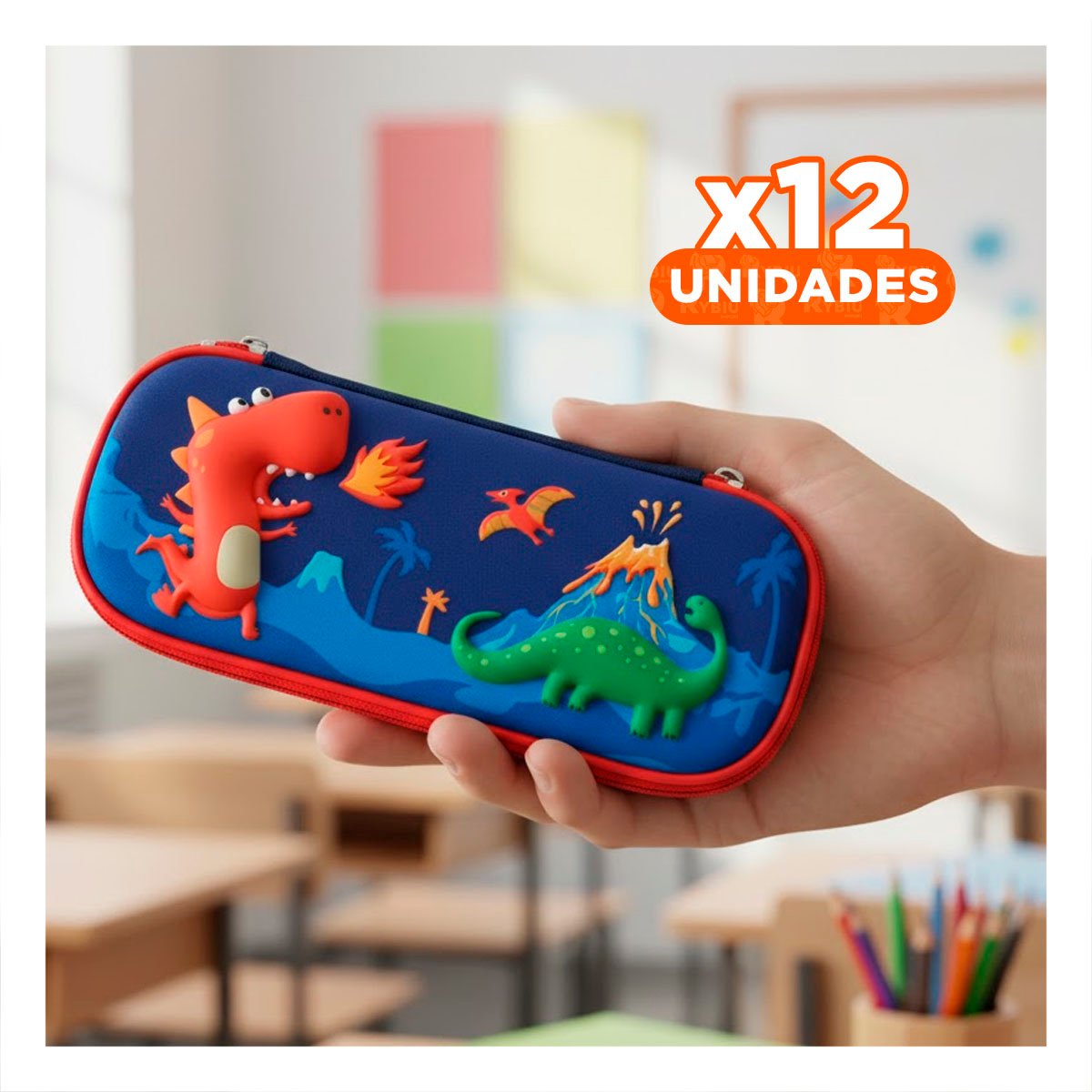 PACK12 FUNDA INFANTIL DINOS AZUL ALTO RELIEVE CON DISENO LINDO Y PRACTICO - 1