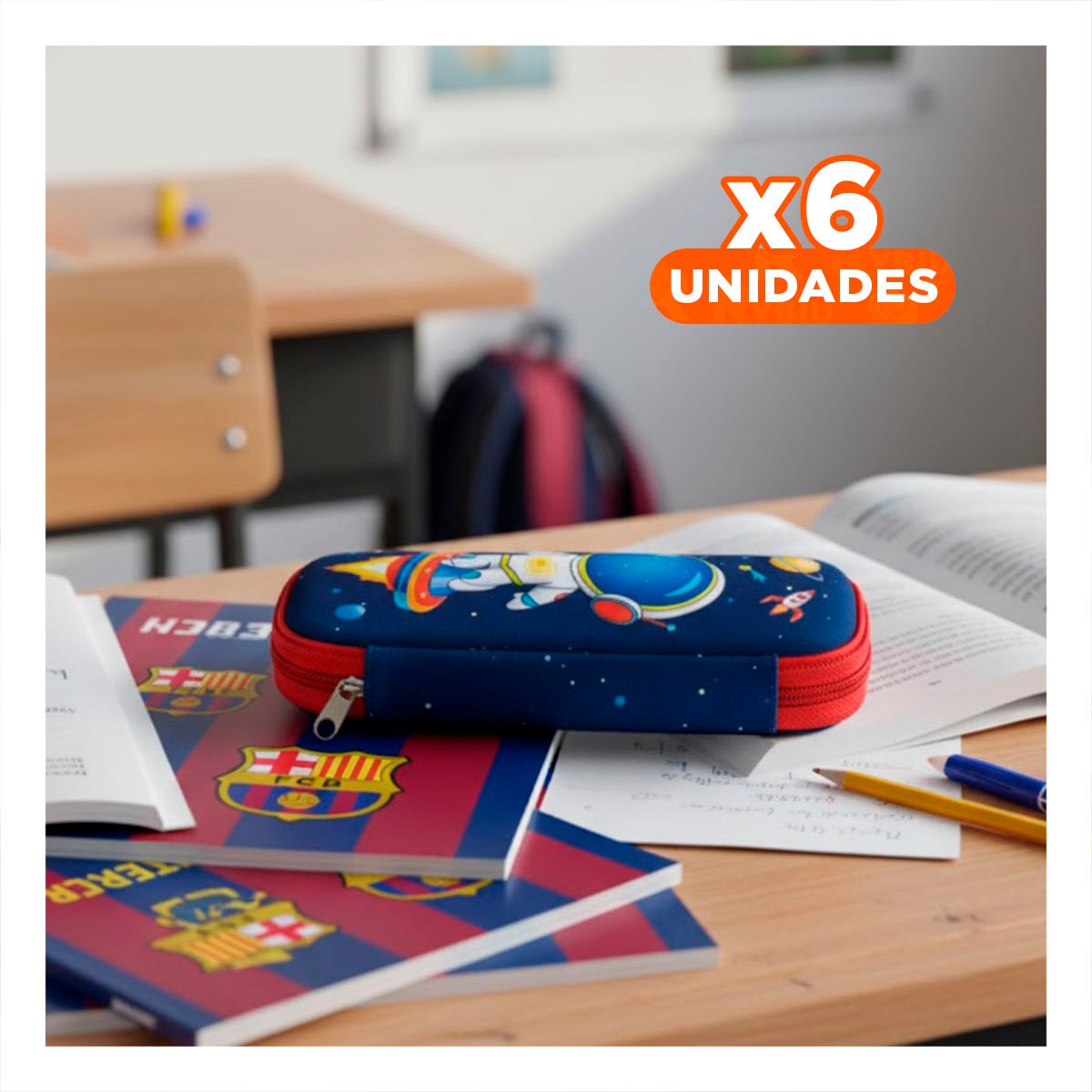 PACK6 FUNDA ESCOLAR ASTRONAUTA AZUL ALTO RELIEVE CON CIERRE SEGURO Y+REGALO STICKER - 1