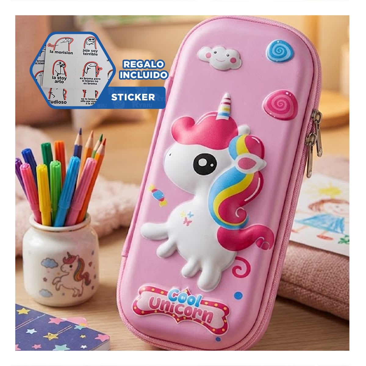 ESTUCHE COMPACTO UNICORNIO ROSADO ALTO RELIEVE PARA GUARDAR UTILES ESCOLARES Y+REGALO STICKER - 1