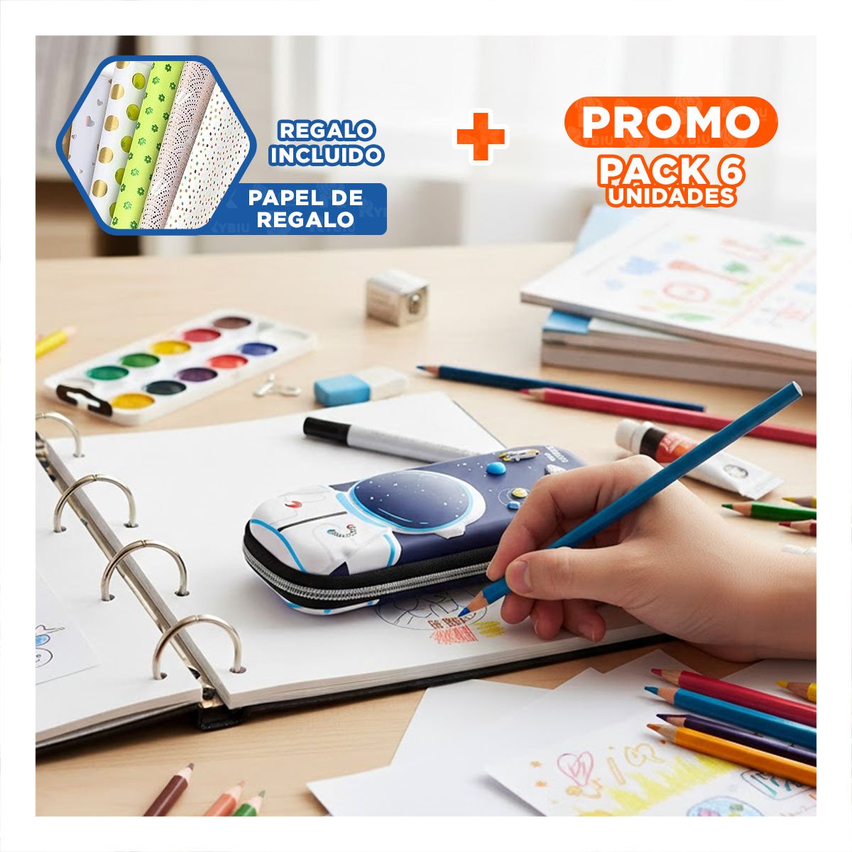 PACK6 ACCESORIO FUNCIONAL ASTRONAUTA HAPPY AZUL ALTO RELIEVE CON GRAN CAPACIDAD Y+PAPEL REGALO - 1