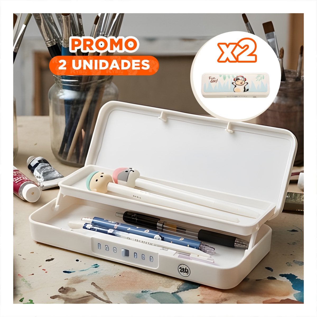PACK2 CARTUCHERA JUVENIL VACA BEIGE CON CLAVE 2 NIVELES FUNCIONAL Y+REGALO STICKER - 1
